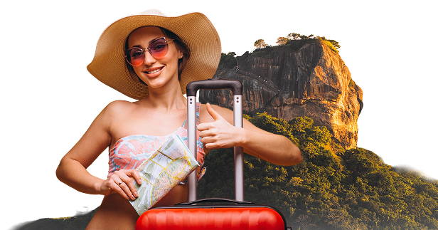 Traveller with a sun hat and suitcase exploring Sri Lanka
